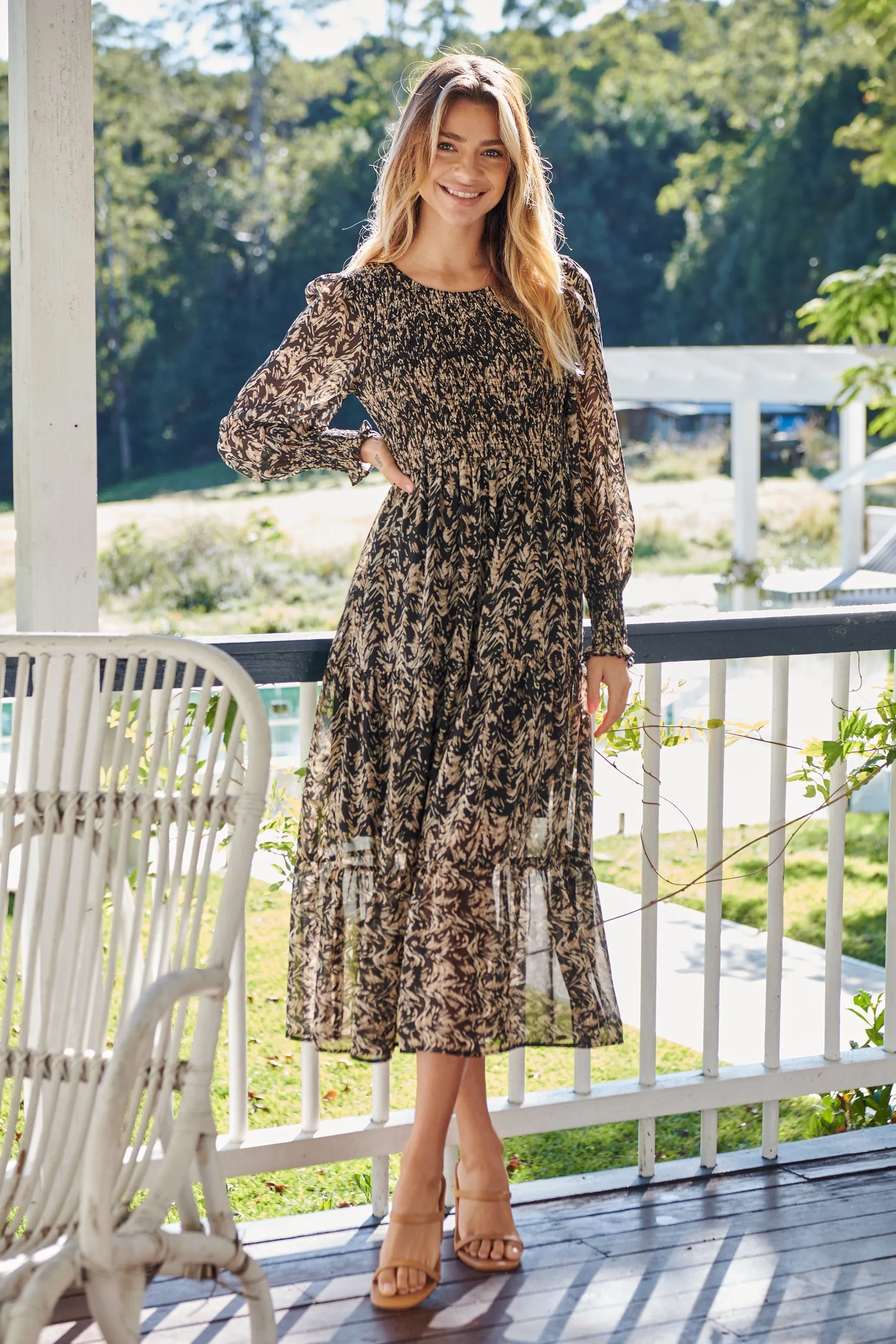 Evelyn Black/Brown Print Chiffon Shirred Long Sleeve Midi Dress