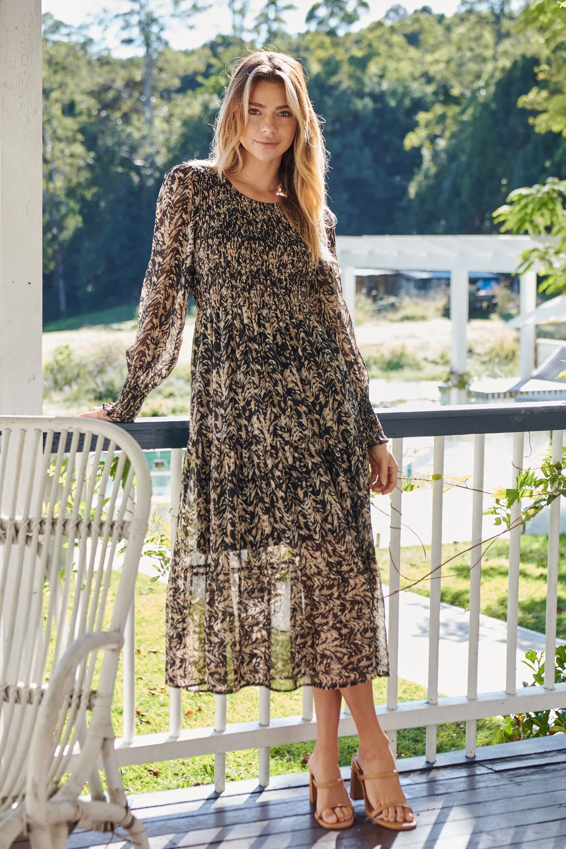 Evelyn Black/Brown Print Chiffon Shirred Long Sleeve Midi Dress