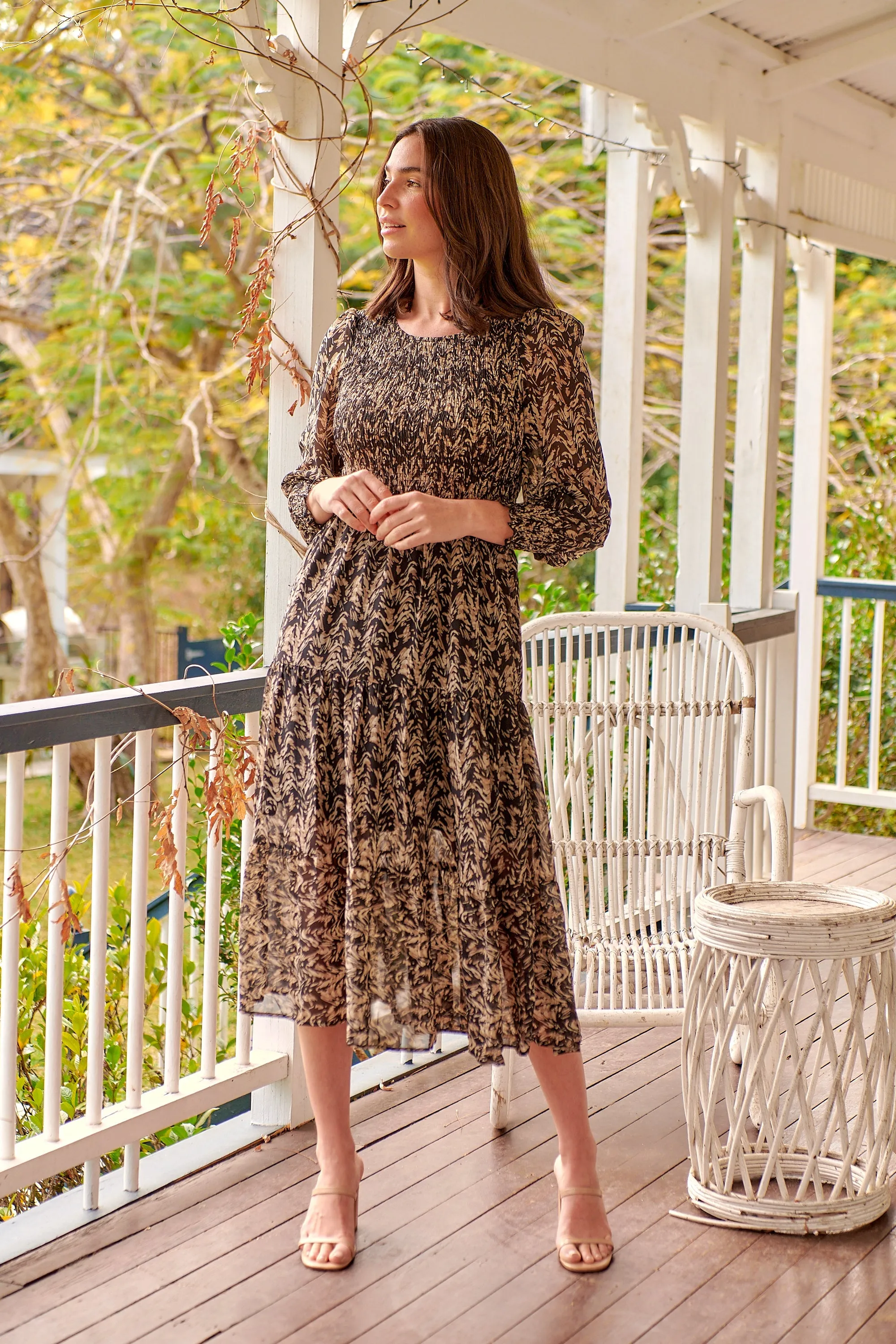 Evelyn Black/Brown Print Chiffon Shirred Long Sleeve Midi Dress