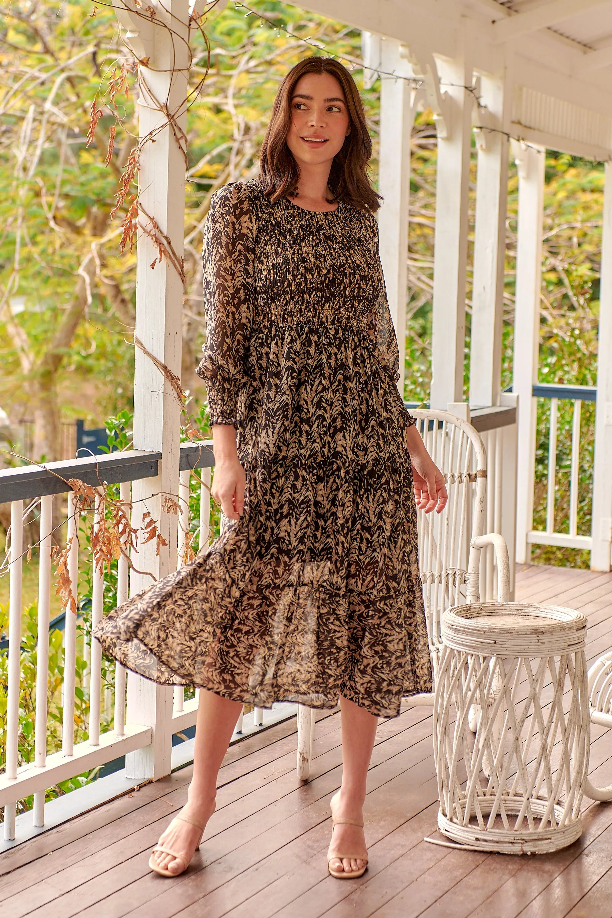 Evelyn Black/Brown Print Chiffon Shirred Long Sleeve Midi Dress