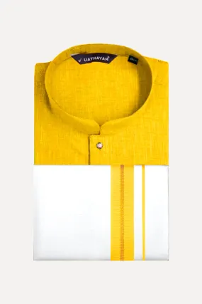 Exotic - Deep Yellow Long Kurta and Fancy Dhoti Set For Men ( Assorted Borders ) | Uathayam