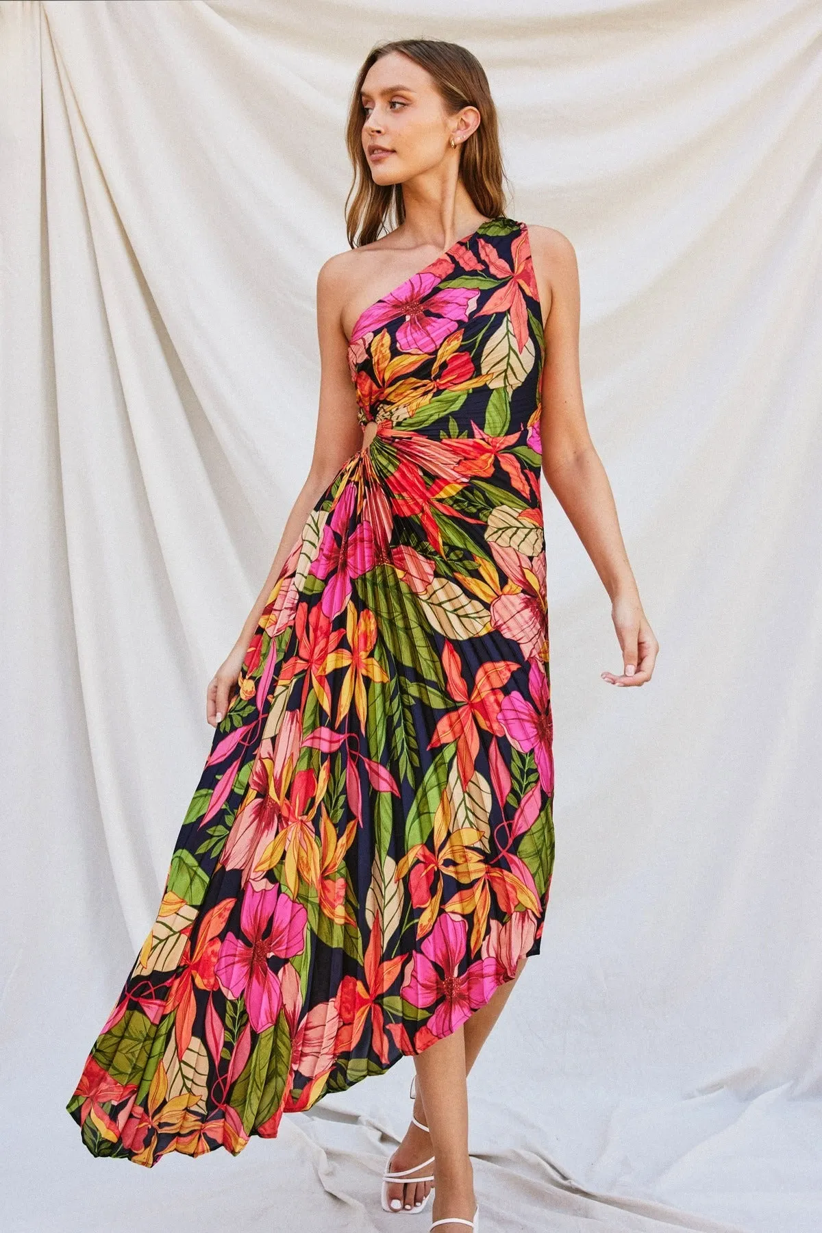 Floral Escape Satin Pleated Maxi Dress