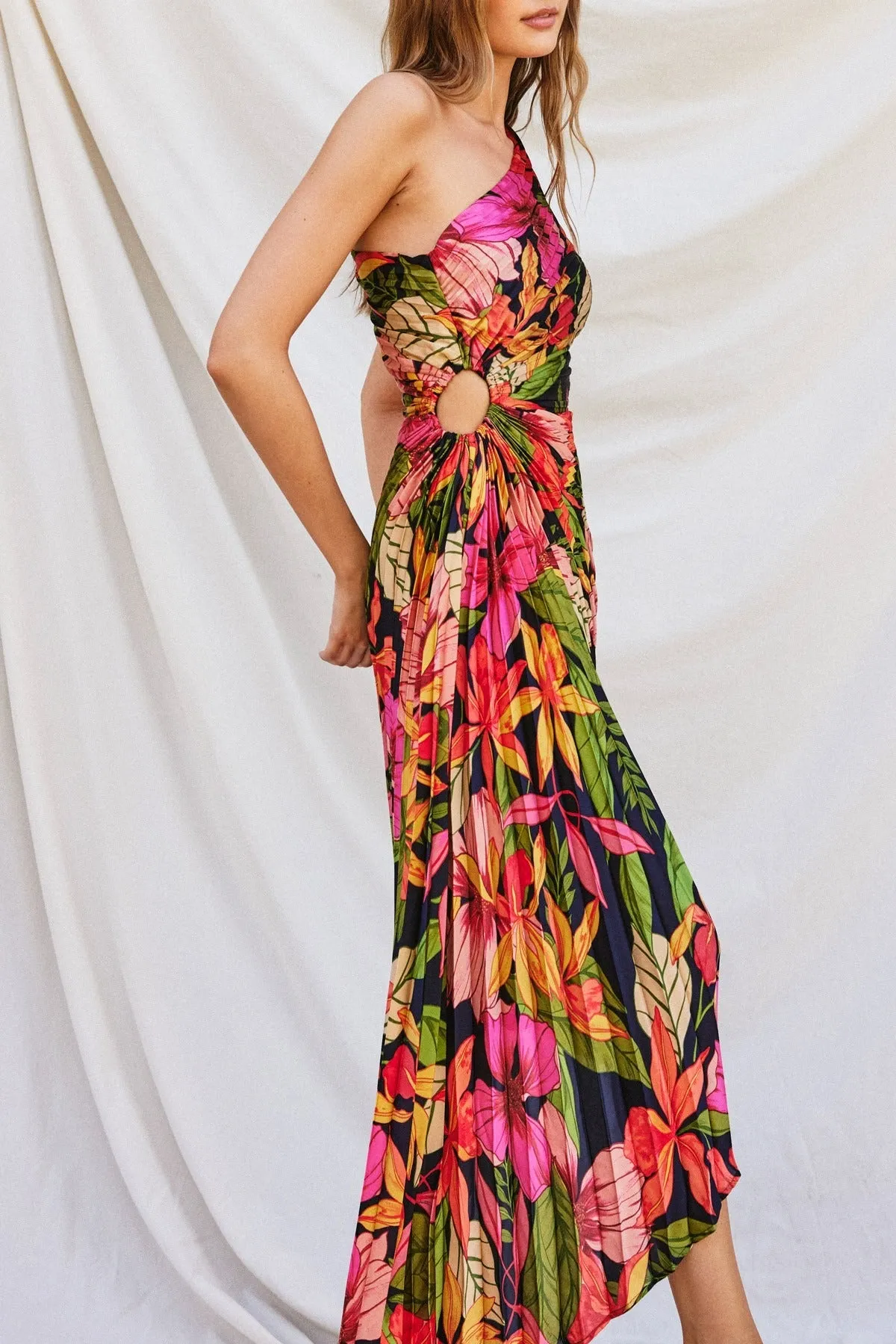 Floral Escape Satin Pleated Maxi Dress