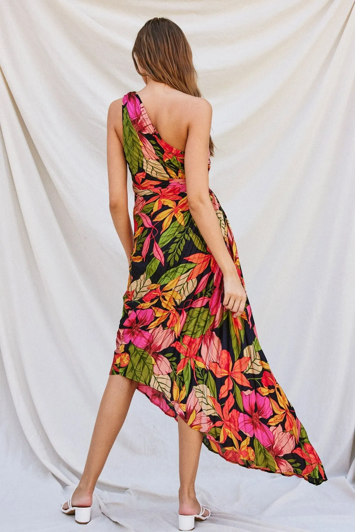 Floral Escape Satin Pleated Maxi Dress