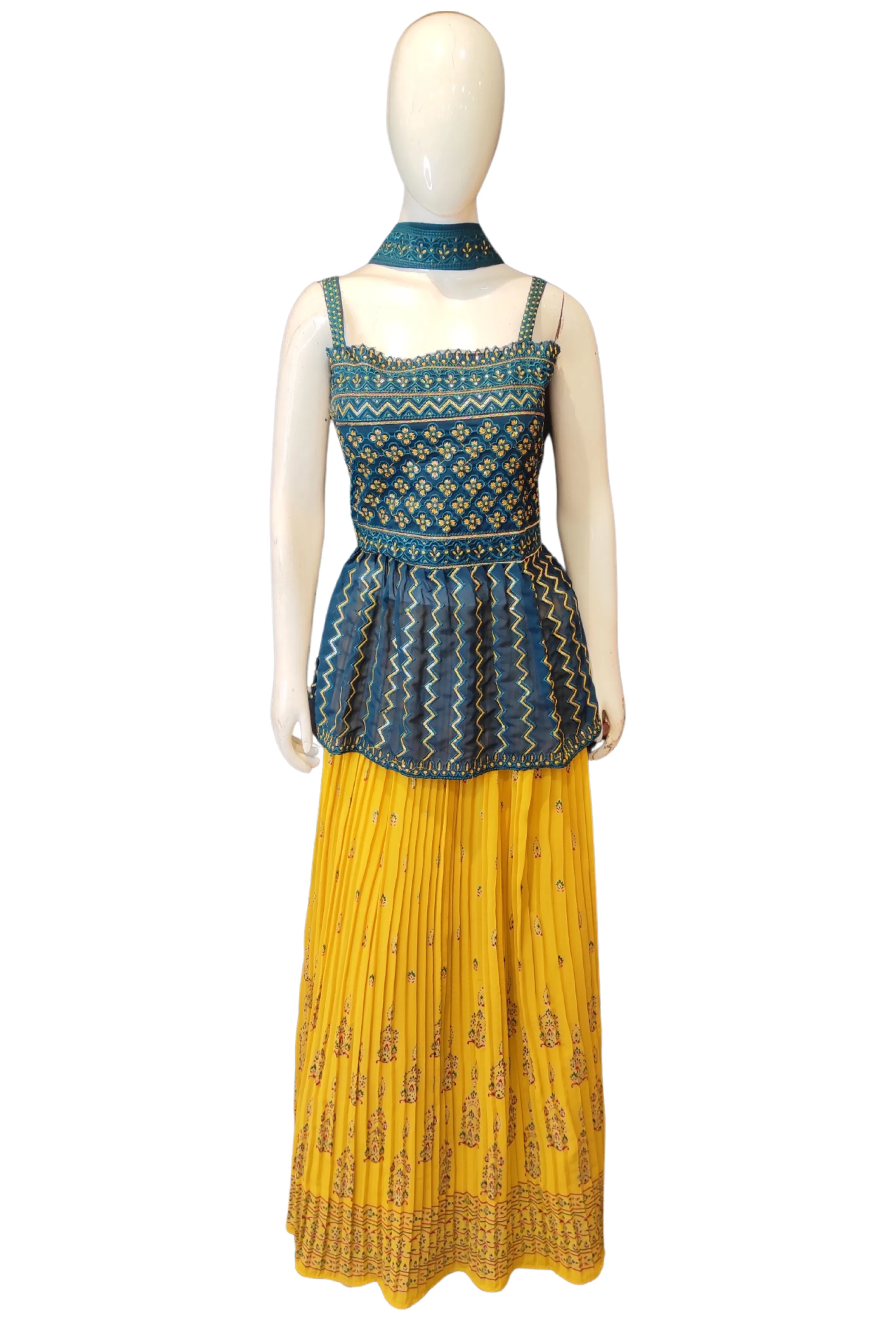 Georgette Thread Work Peplum with Gold Print Skirt