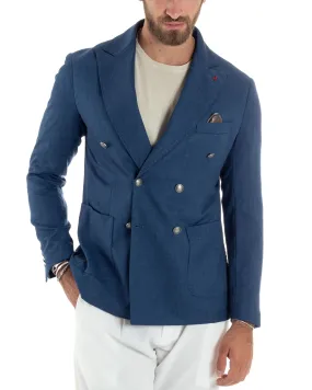 Giacca Uomo Doppiopetto Bottoni In Metallo Sartoriale Elegante Viscosa Tinta Unita Blu Casual Cerimonia GIOSAL-G3199A