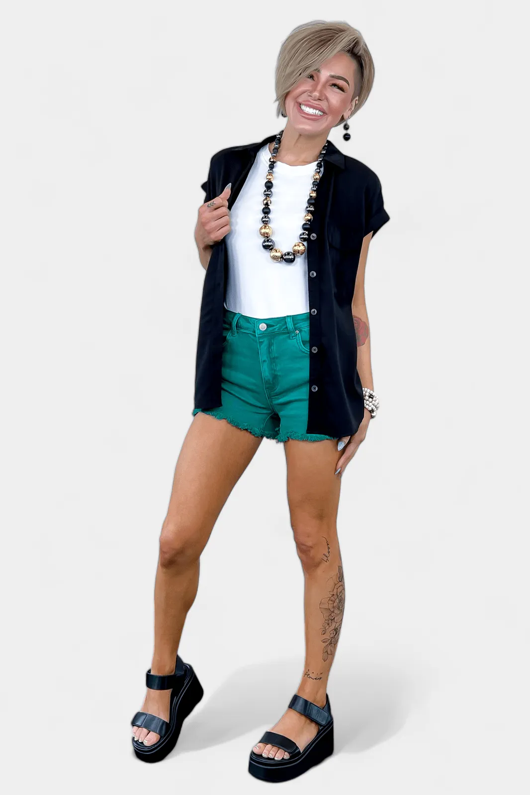 Green Acid Wash Frayed Hem Shorts