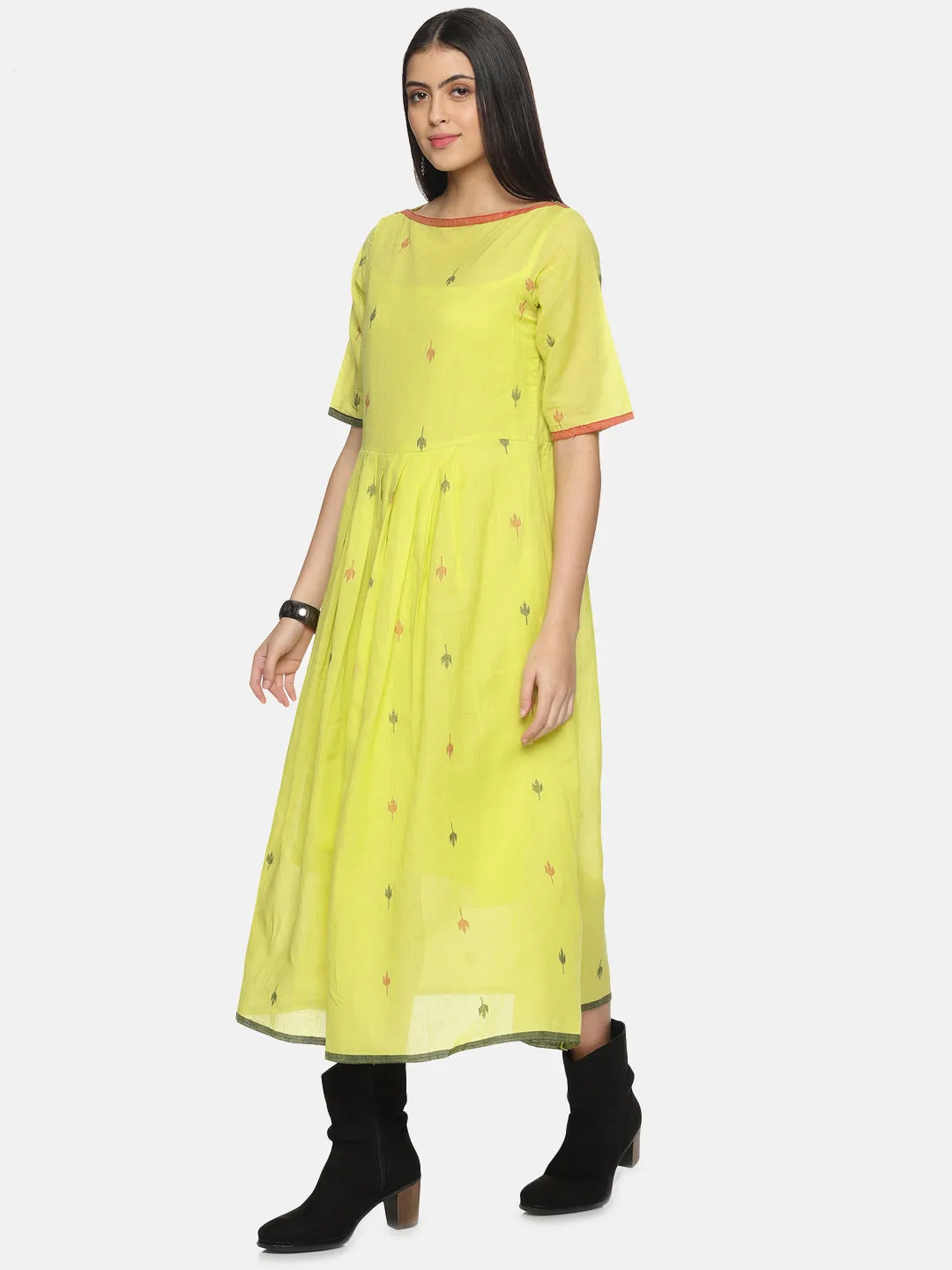 Lemon green ankle-length handloom Jamdani dress