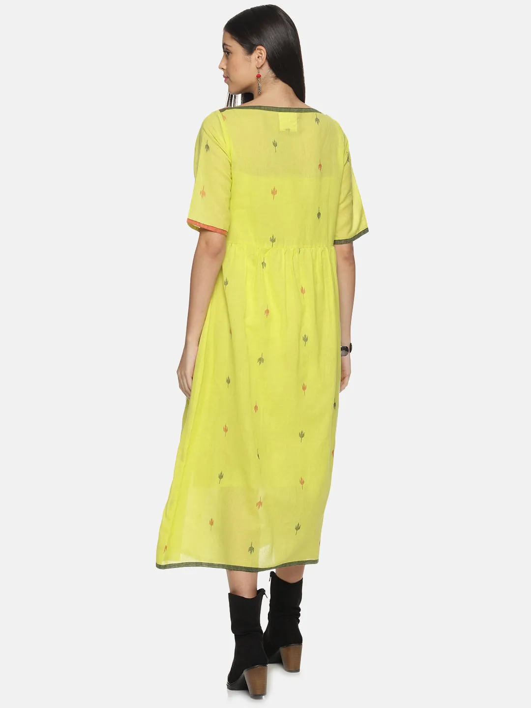 Lemon green ankle-length handloom Jamdani dress