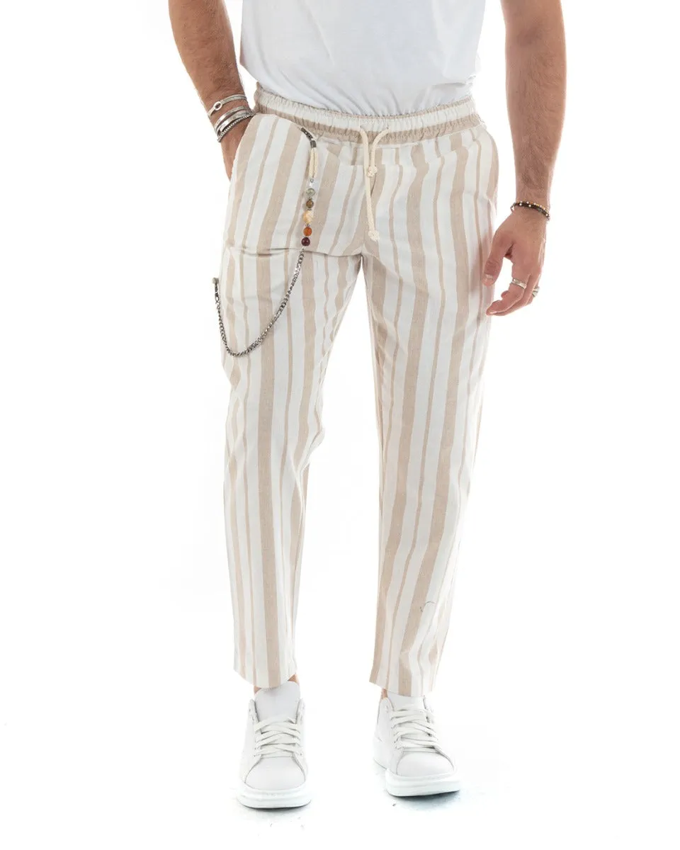 Pantaloni Uomo Pantalaccio Rigato Beige Elastico Coulisse Casual GIOSAL-P5785A