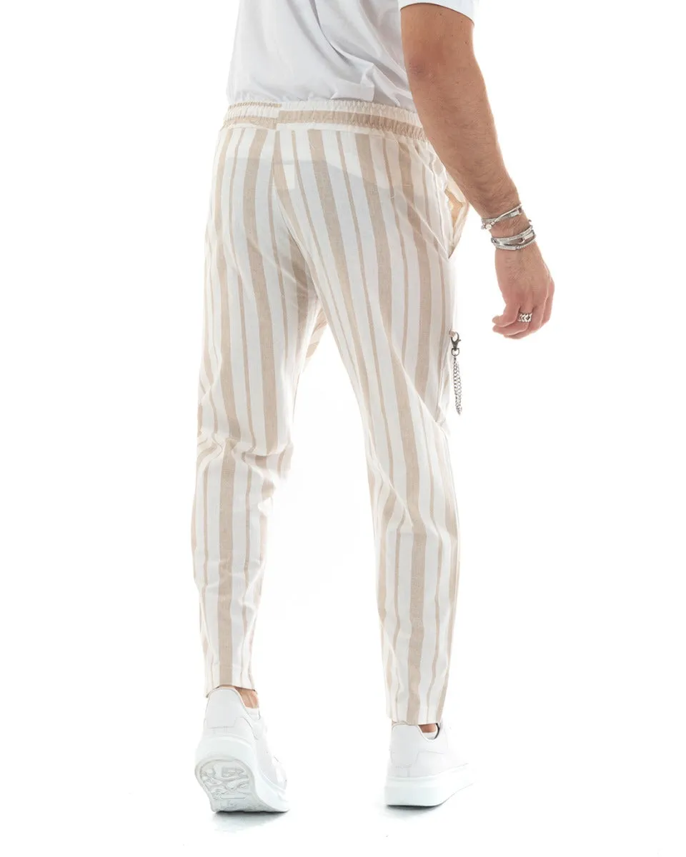 Pantaloni Uomo Pantalaccio Rigato Beige Elastico Coulisse Casual GIOSAL-P5785A