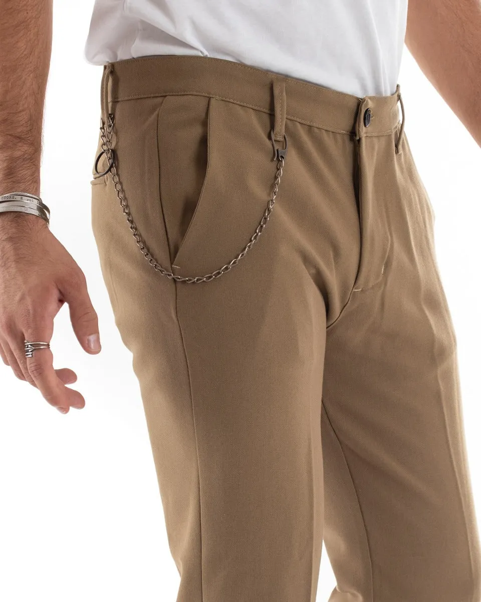 Pantaloni Uomo Tasca America Viscosa Camel Capri Casual Classico Pinces GIOSAL-P5569A