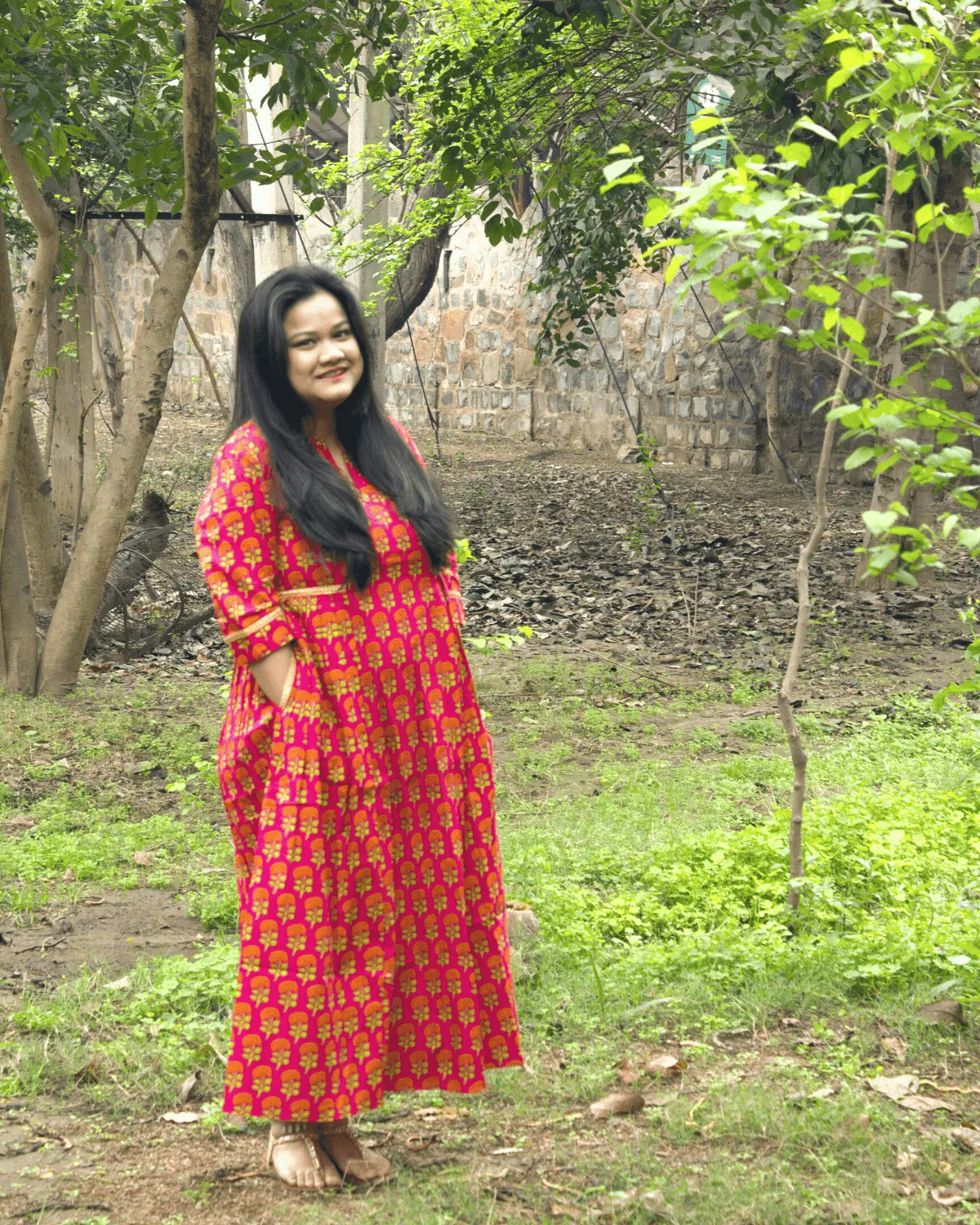 Pink Orange Side Pleat Kurta