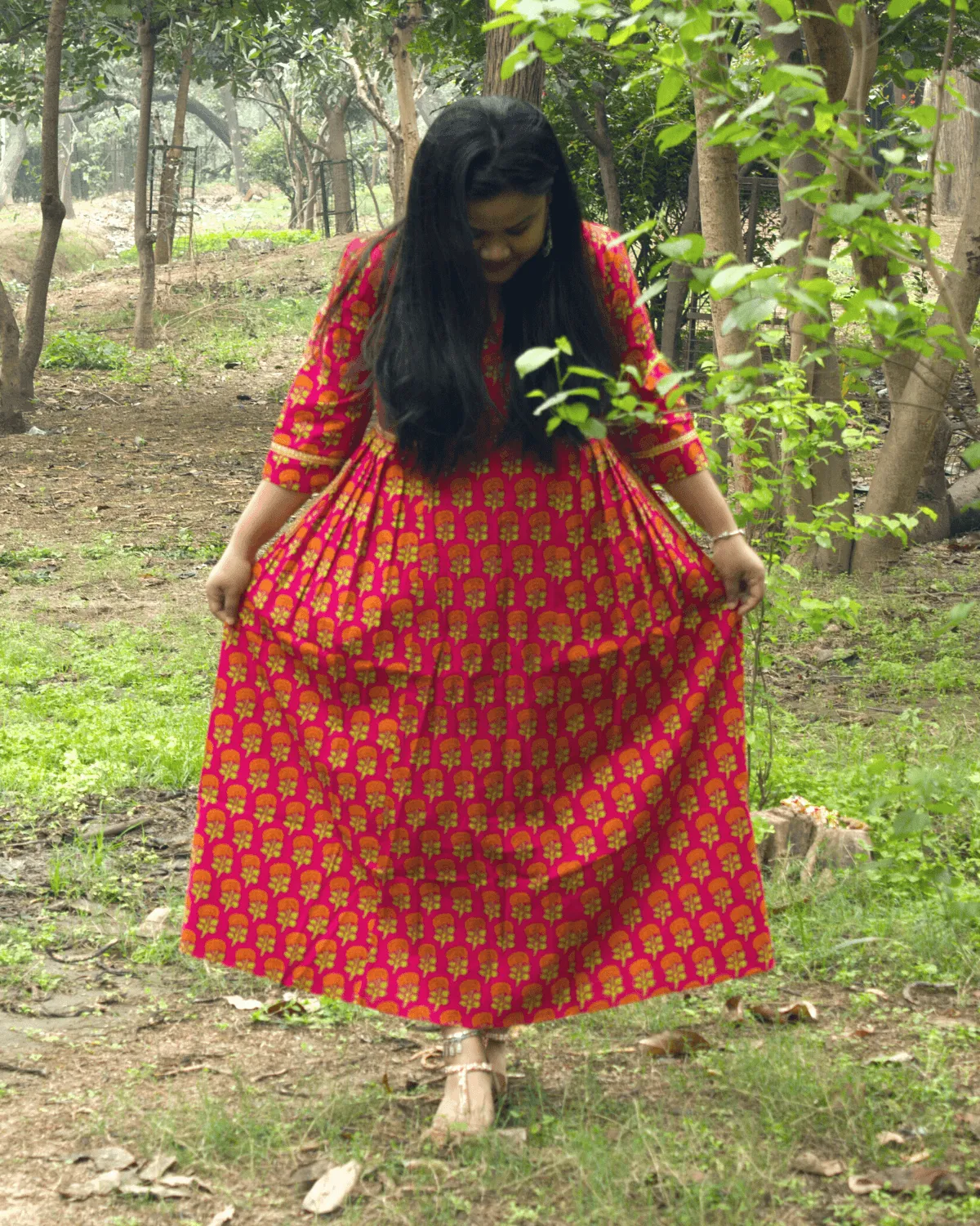 Pink Orange Side Pleat Kurta