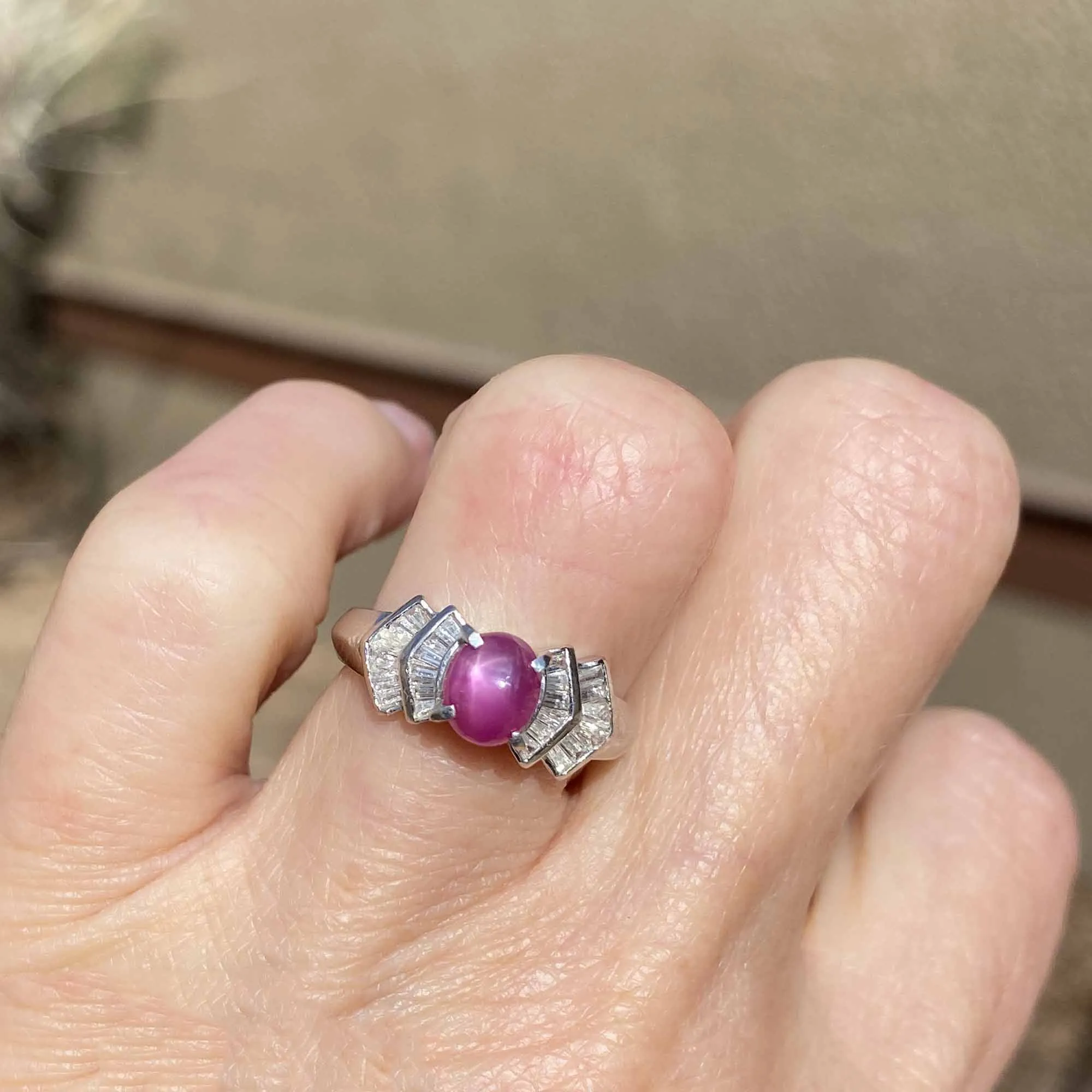 Platinum Baguette Diamond Ruby Star Sapphire Ring