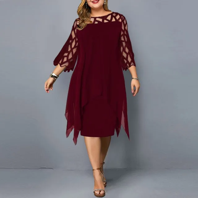 Plus Size Dress Women Casual Midi Dress Elegant Mesh Evening Party Dress Ladies Wine Red Women's Clothing Wedding Club Outfits