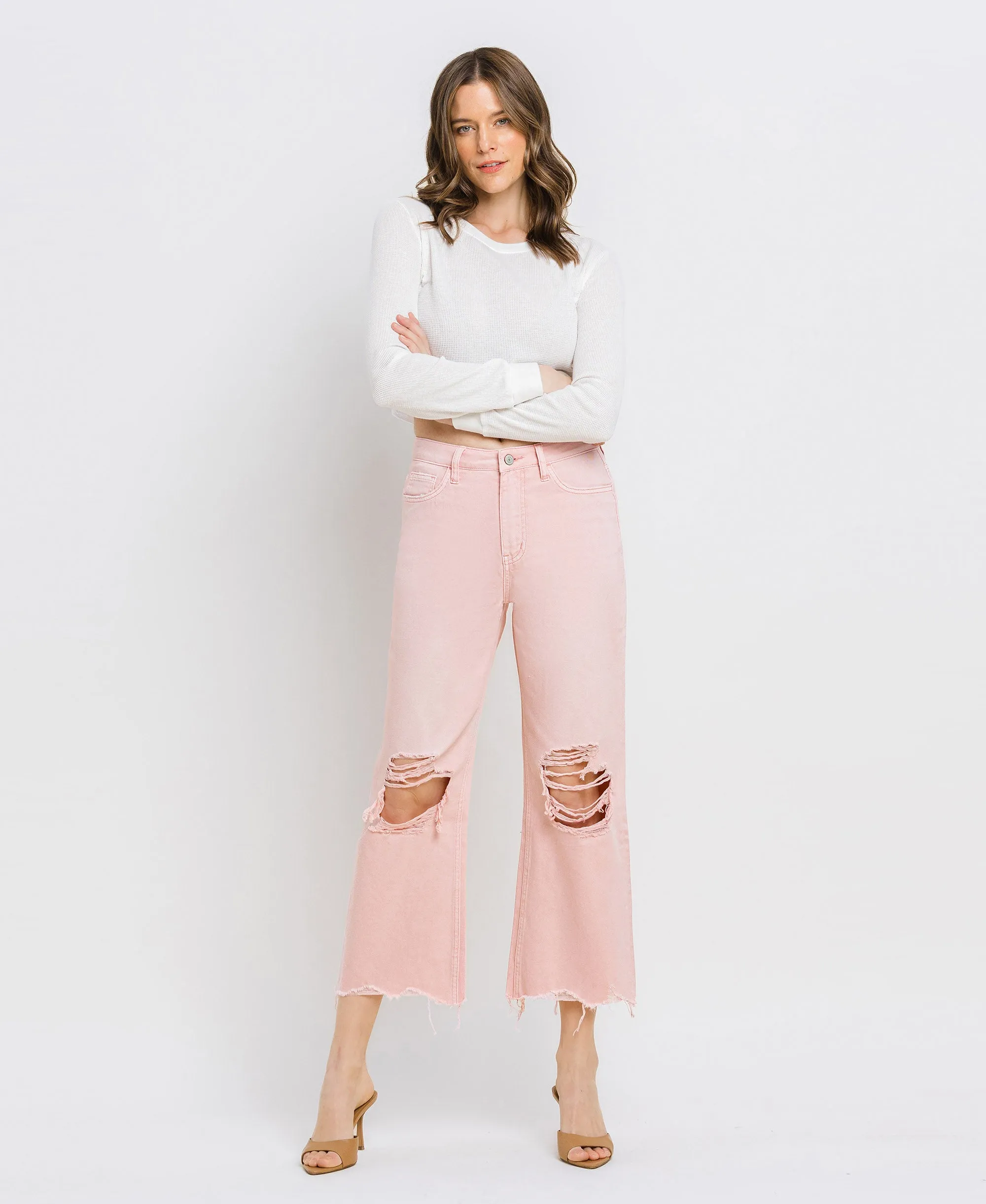 Powder Pink - Super High Rise 90s Vintage Crop Flare Jeans