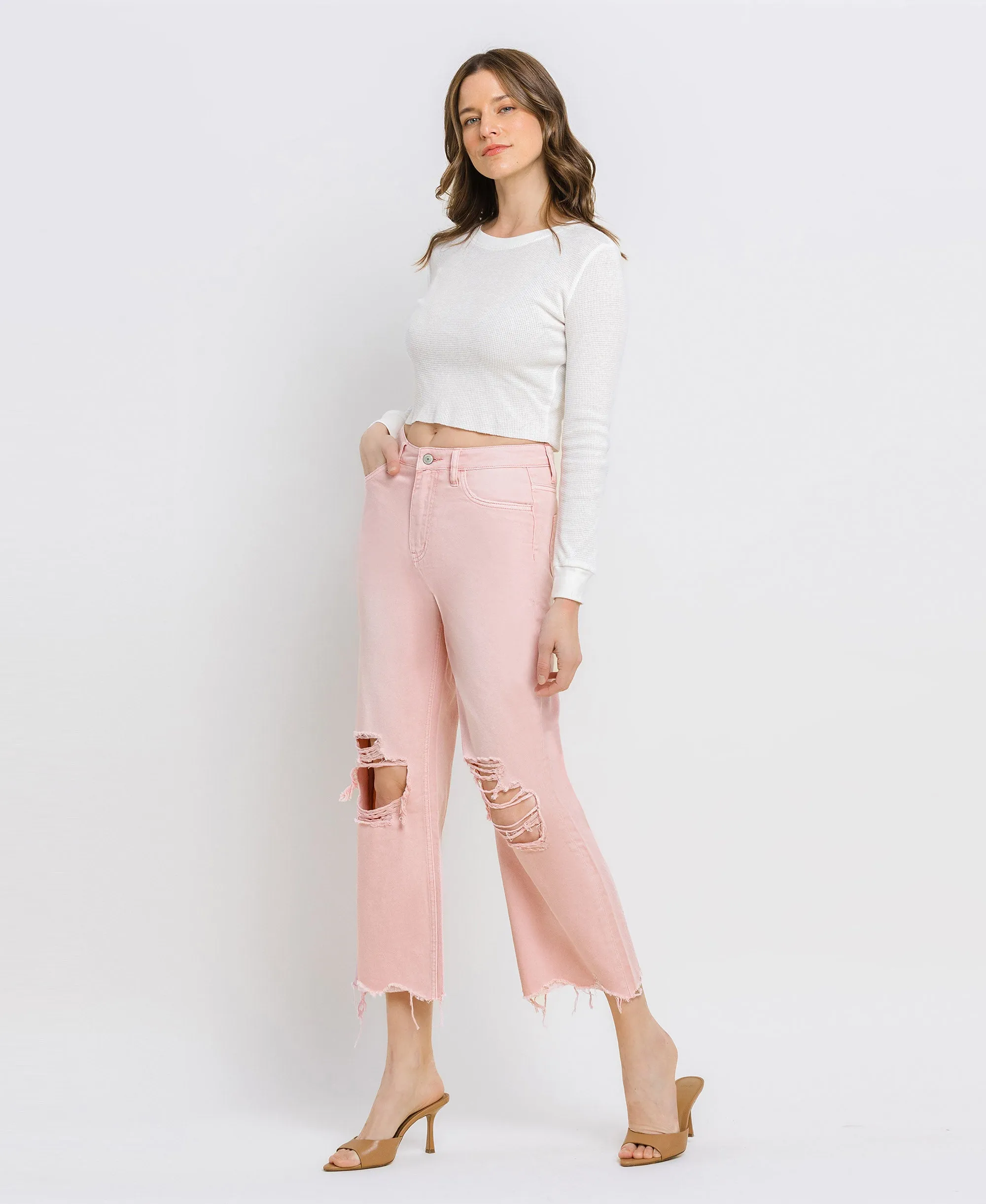 Powder Pink - Super High Rise 90s Vintage Crop Flare Jeans