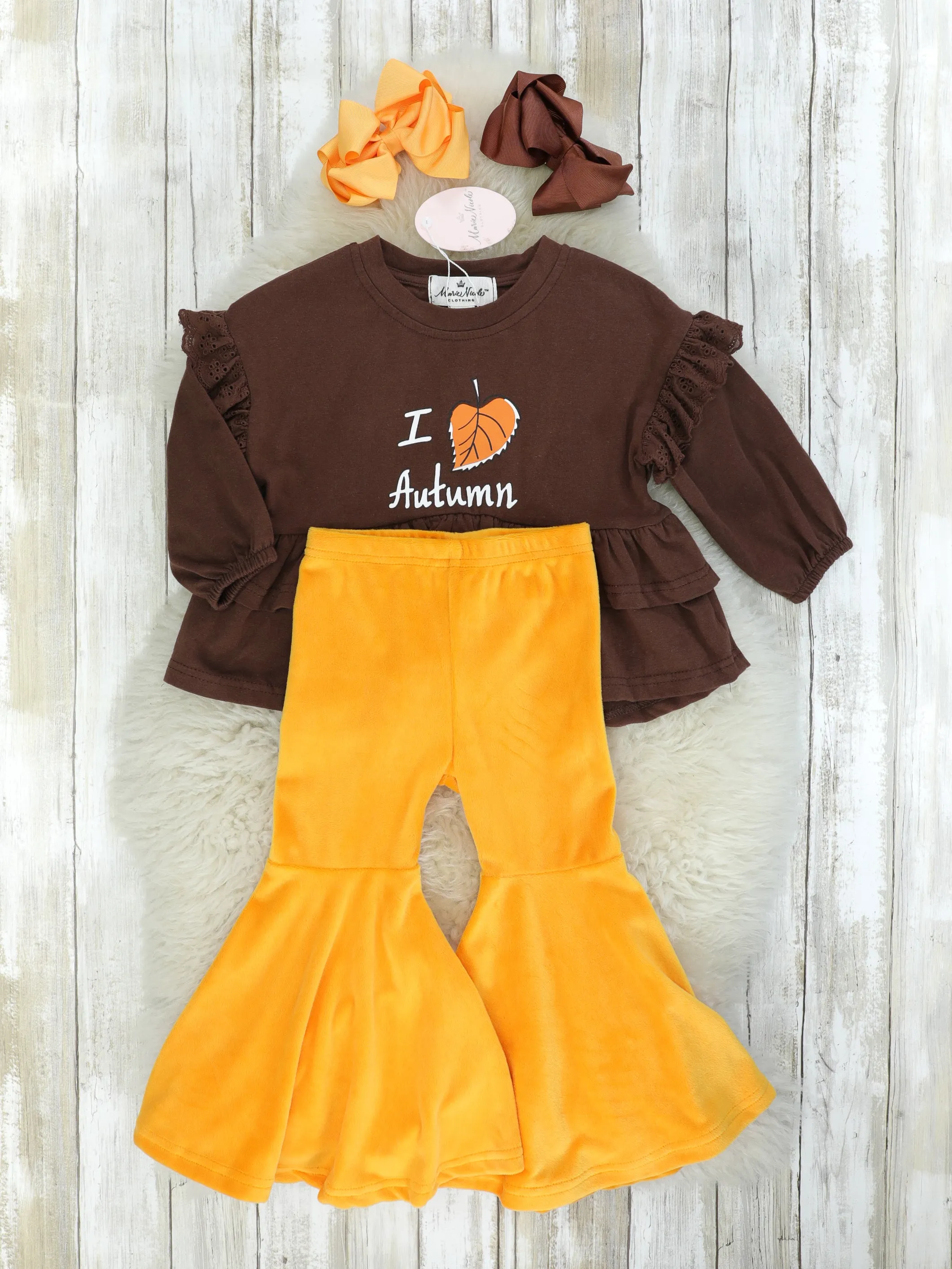 "I Love Autumn" Ruffle Top & Orange Velvet Bell Bottoms