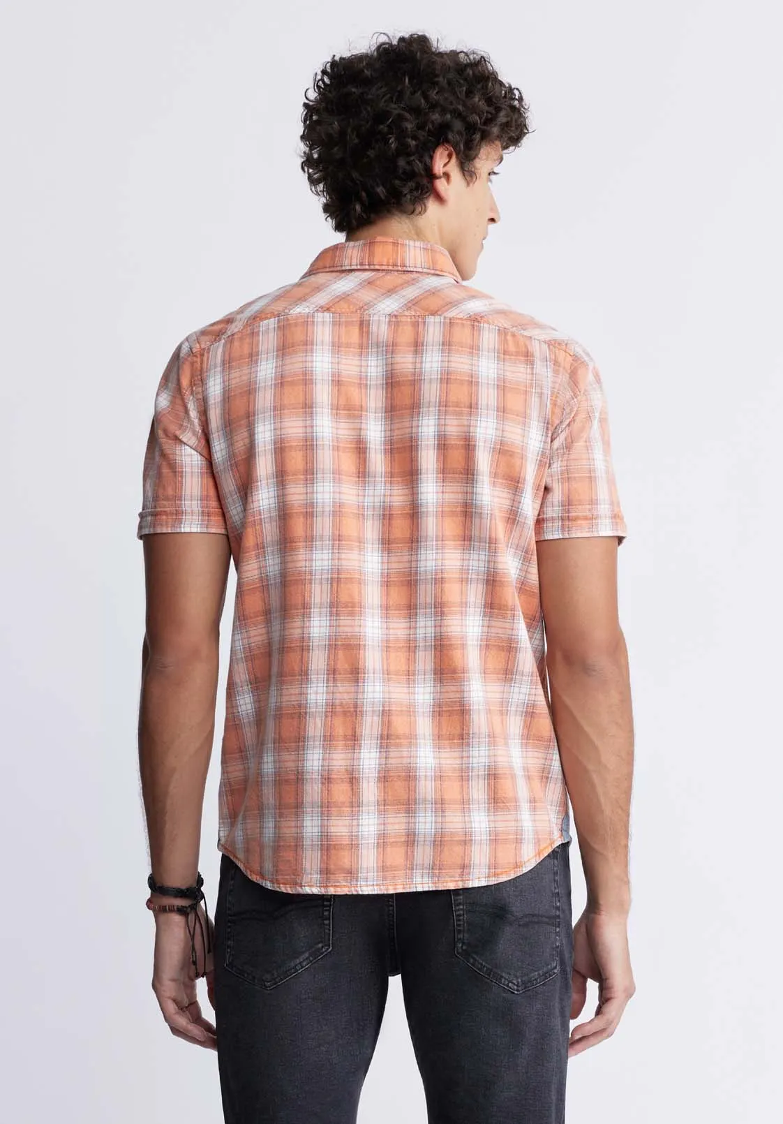 Sazid Men's Short Sleeve Plaid Shirt in Tangerine - BM24281