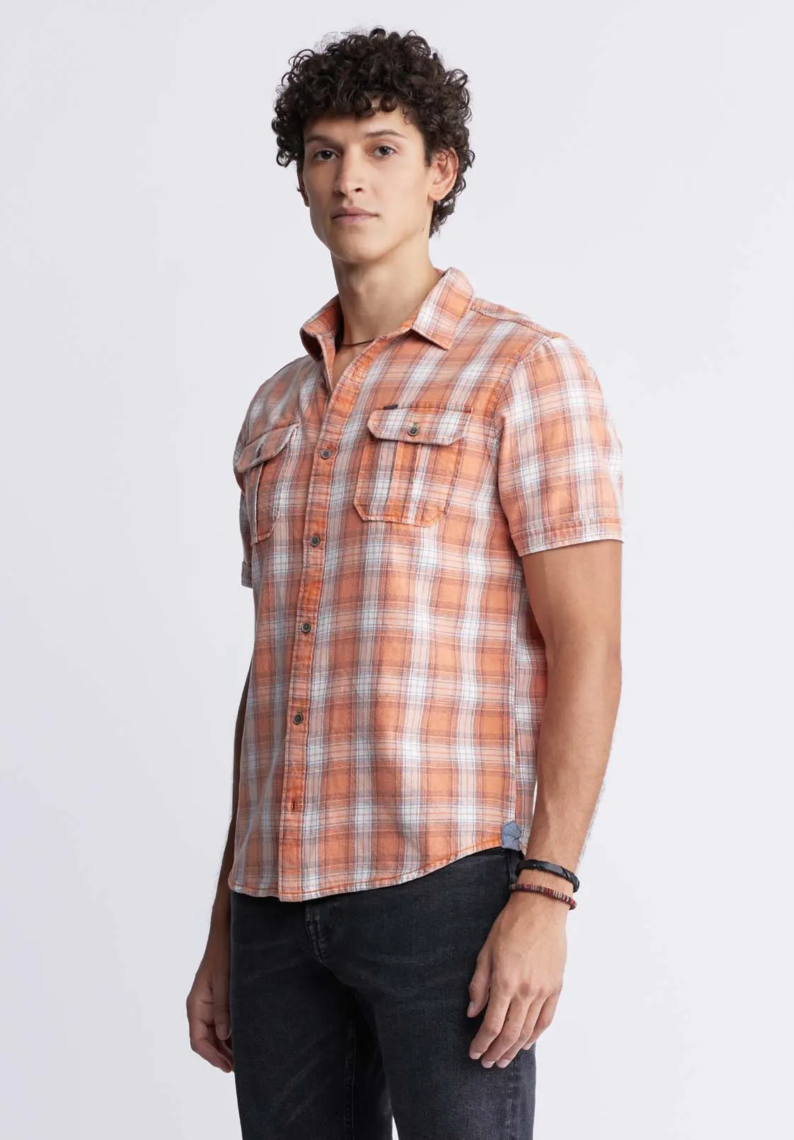 Sazid Men's Short Sleeve Plaid Shirt in Tangerine - BM24281