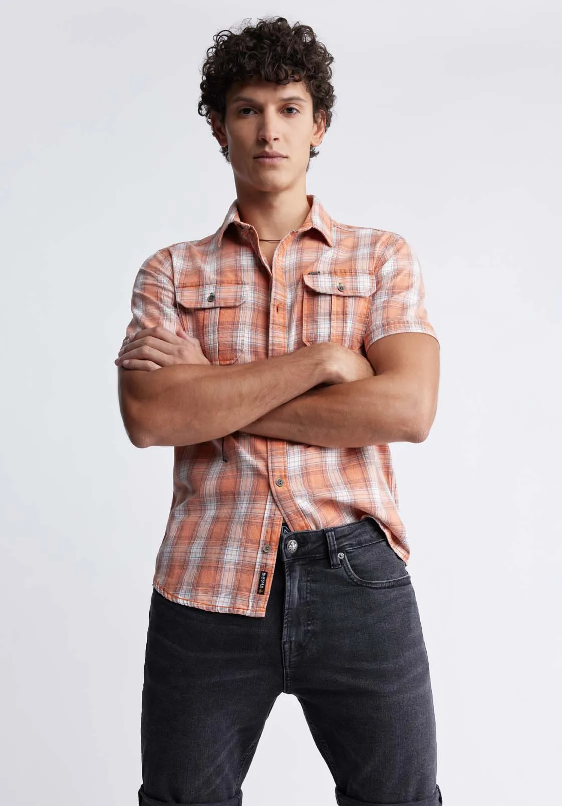 Sazid Men's Short Sleeve Plaid Shirt in Tangerine - BM24281