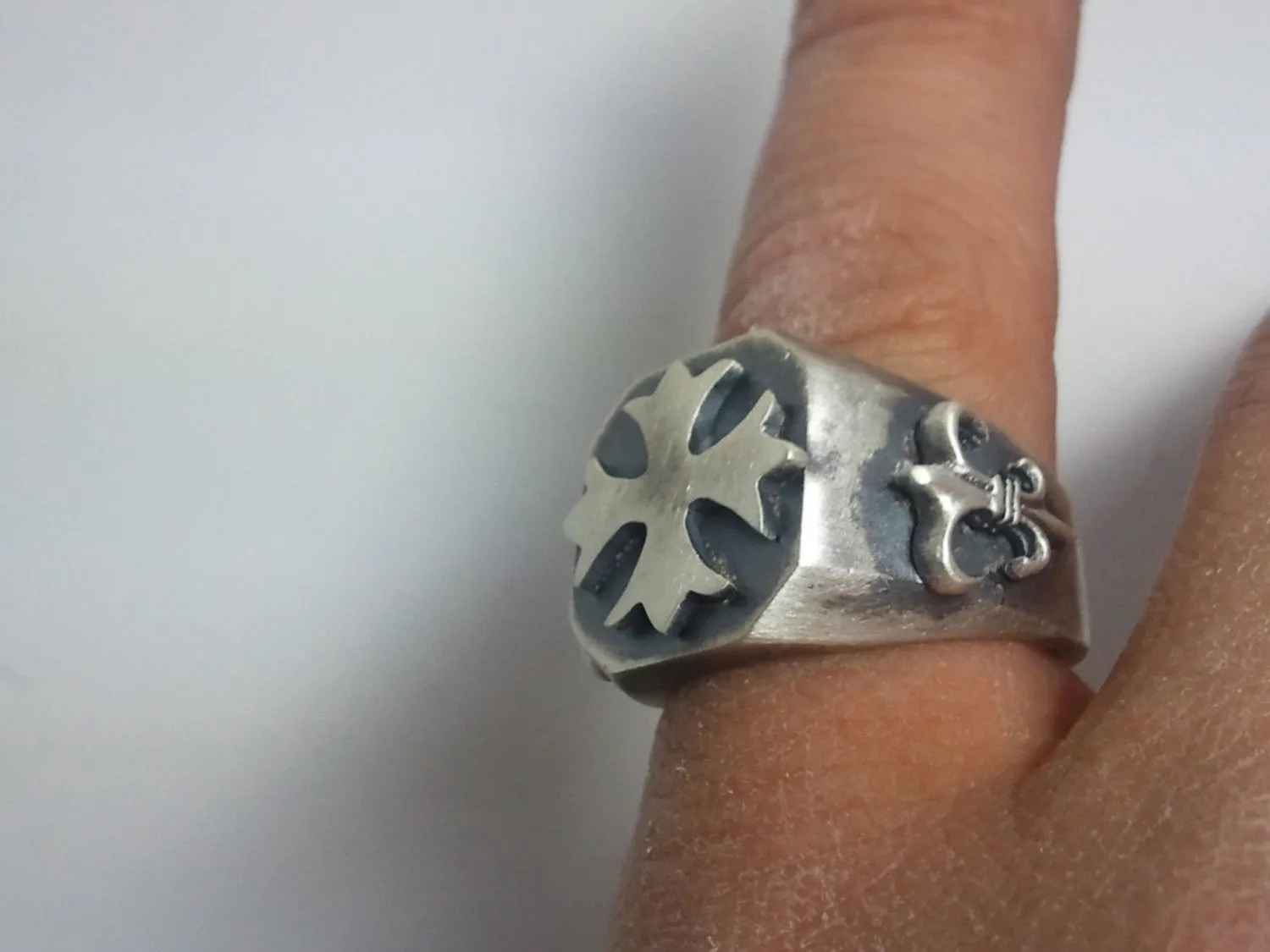 Until Death, Inc. Maltese Cross Signet Ring with Fleur De Lis Accents. Solid 925 Sterling Silver.