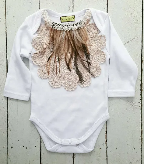 Vintage Crochet Feather Bodysuit - White Long Sleeve